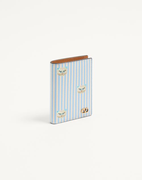 Valentino Garavani - Portacarte Valentino Garavani Vlogo Signature In Vitello Granato Con Stampa Le Chat De La Maison - Azzurro/avorio - Uomo - Portafogli E Piccola Pelletteria