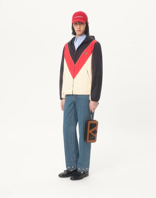Valentino - Nylon Hooded Windbreaker With Vlogo Patch - Navy/red/blue - Man - Outerwear