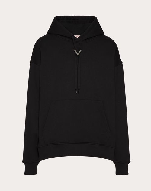 Shop Valentino Cotton Hoodie With Metallic V Detail In Black