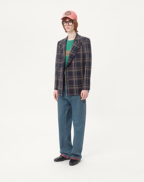 Valentino - Double-breasted Wool And Cotton Jacket With Check Pattern - Navy/grey - Man - Coats And Blazers