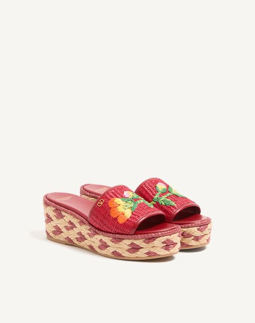 Valentino Garavani - Bribri Raffia Wedge Slide With Floral Embroidery 65mm - Red - Woman - Espadrilles And Wedges