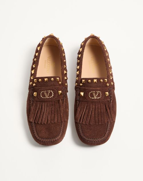 Valentino Garavani - Fastaway Driver Loafer In Crust Leather With Fringes - Bark Brown - Man - Loafers And Driver