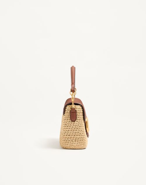 Valentino Garavani - Valentino Garavani Alltime Shoulder Bag In Raffia And Grainy Calfskin With Ribbon Strap Featuring Cherryfic Embroidery - Natural/saddle Brown - Woman - Shoulder Bags