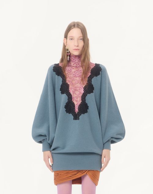 Valentino - Wollpullover Mit Spitze - Petrol/schwarz/rosa - Frau - Strickwaren