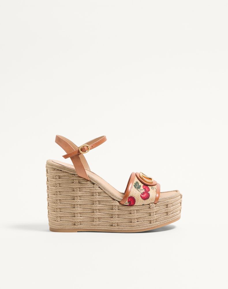 Valentino Garavani Women's Natural/Red Vlogo Signature Cherryfic Pattern Wedge Sandal 120Mm Woman 41