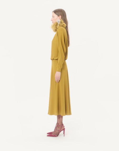 Valentino - Abito Midi In Georgette Con Piume - Ocra - Donna - Abiti