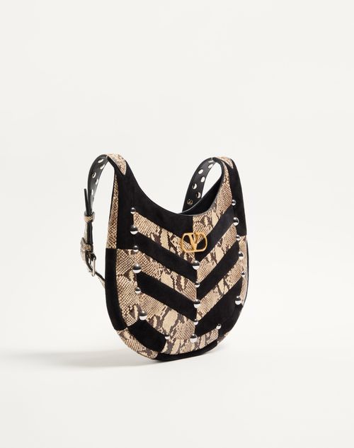 Valentino Garavani - Valentino Garavani Hoboho Small Hobo Bag In Python And Chevron-patterned Suede With Studs. - Beige/black - Woman - Shoulder Bags