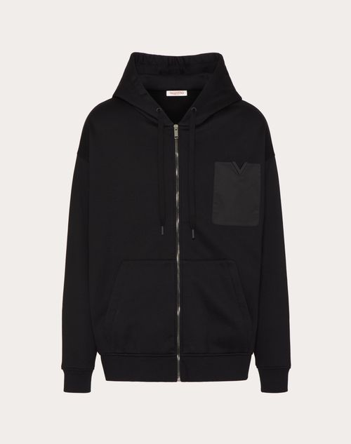 Valentino Technical Cotton Sweatshirt With Hood Zip And Rubberised V Detail In Black