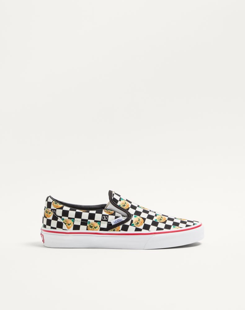 Valentino Garavani Hombre Negro/Blanco Zapatilla Sin Cordones Y Vans De Tela Con Estampado Le Chat De La Maison Y Vlogo Checkerboard 45