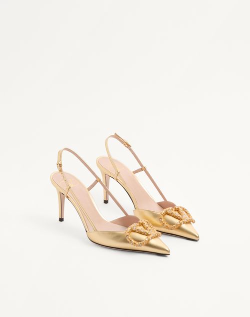 Valentino Garavani - Décolleté Slingback Vlogo Signature In Nappa Laminata 80mm - Antique Brass/crystal - Donna - Décolleté