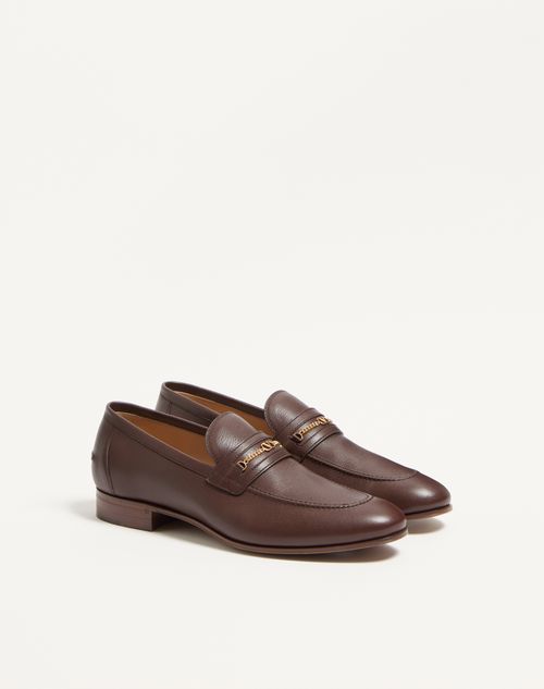 Valentino Garavani - Vlogo Signature Kidskin Moccasin - Bark Brown - Man - Loafers And Driver