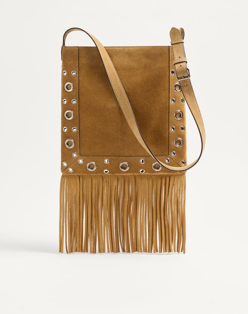 Valentino Garavani - Valentino Garavani Nellcôte Suede Shoulder Bag With Fringes - Havana Beige - Man - Shoulder Bags