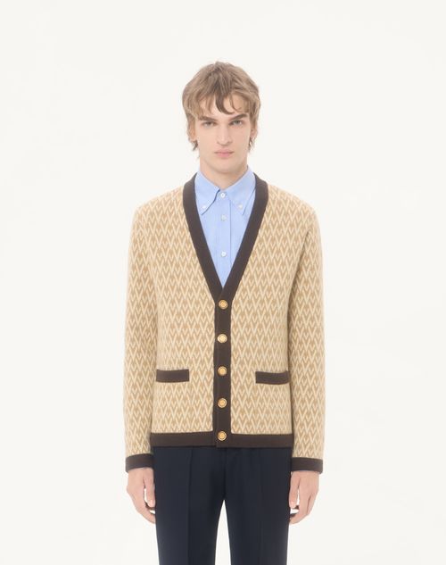 Valentino - Cardigan In Lana Con Motivo Toute La V - Beige/crema - Uomo - Maglieria