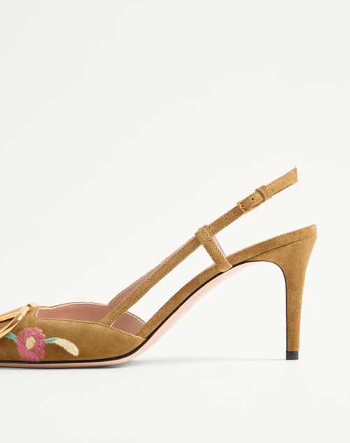 Valentino Garavani - Vlogo Signature Slingback Pump In Crust Leather With Floral Embroidery 80mm - Havana Beige - Woman - Pumps
