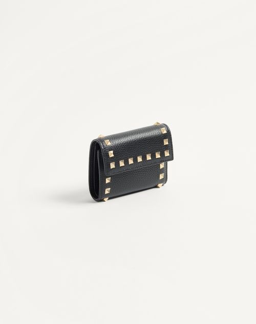 Valentino Garavani - Rockstud Trifold Wallet In Grainy Calfskin - Black - Woman - Wallets And Small Leather Goods