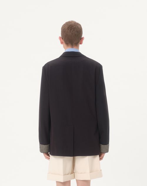 Valentino - Single-breasted Wool And Cotton Jacket With Jacquard Trimmings - Navy - Man - Coats And Blazers
