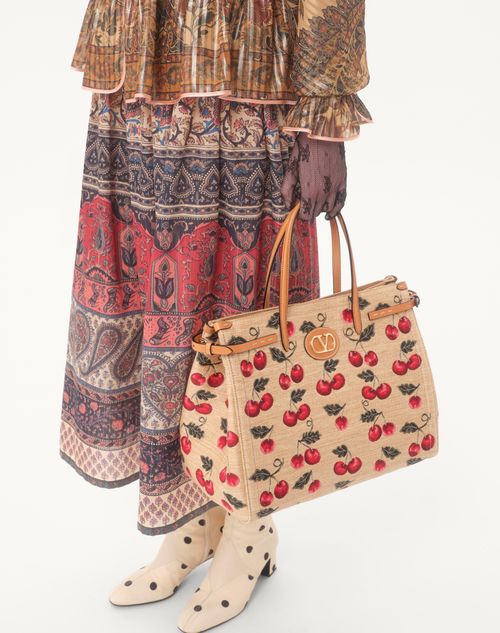 Valentino Garavani - Valentino Garavani Antibes Medium Shopping Bag In Jacquard Raffia With Cherryfic Motif - Natural/red - Woman - Totes
