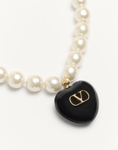 Valentino Garavani - Coeur Royal Necklace In Metal, Enamel And Beads - Gold/black/cream - Woman - Jewelry