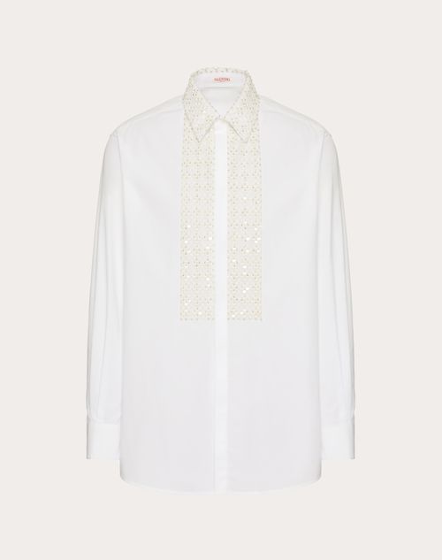 Valentino Long-sleeved Cotton Shirt With Plastron Embroidered With Sequins And Beads In Optic White
