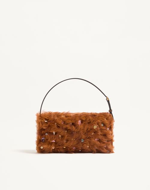 Valentino Garavani - Valentino Garavani Devain Small Shoulder Bag In Lamb Fur With Rhinestones. - Brown - Woman - Shoulder Bags