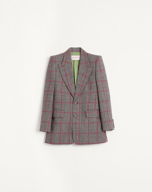 Valentino Single-breasted Wool Jacket With Check Pattern In Black/ivory/cherry Red