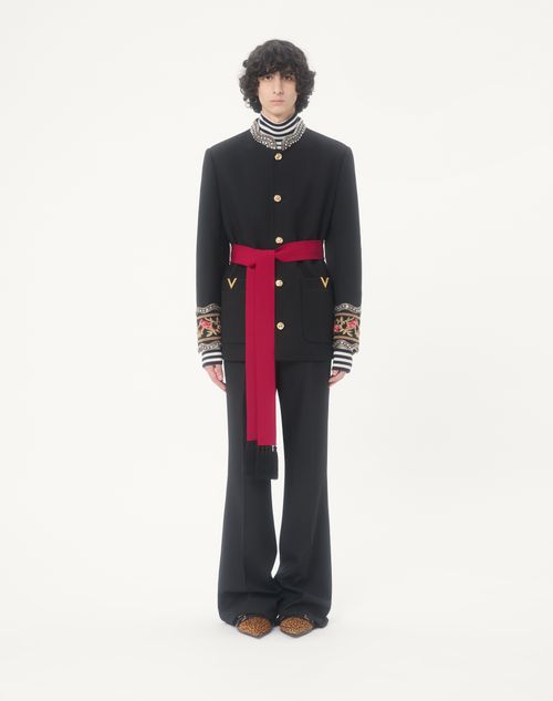 Valentino - Valentino Embroidered Jacket With Belt In Wool Gabardine With Vgold - Black - Man - Coats And Blazers