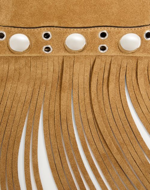 Valentino Garavani - Valentino Garavani Nellcôte Small Shoulder Bag In Suede With Fringes - Havana Beige - Woman - Shoulder Bags