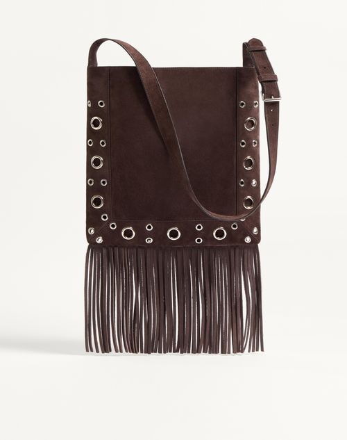 Valentino Garavani - Valentino Garavani Nellcôte Suede Shoulder Bag With Fringes - Brown - Man - Shoulder Bags