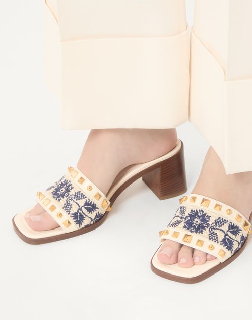 Valentino Garavani - County Slide Sandal In Calfskin With Grape Embroidery 60mm - Ivory/natural/blue - Woman - Sandals