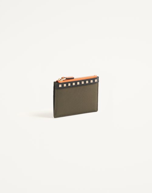 Valentino Garavani - Valentino Garavani Stud-up Coin And Cardholder In Nylon And Grainy Calfskin - Olive Green - Man - Wallets And Small Leather Goods