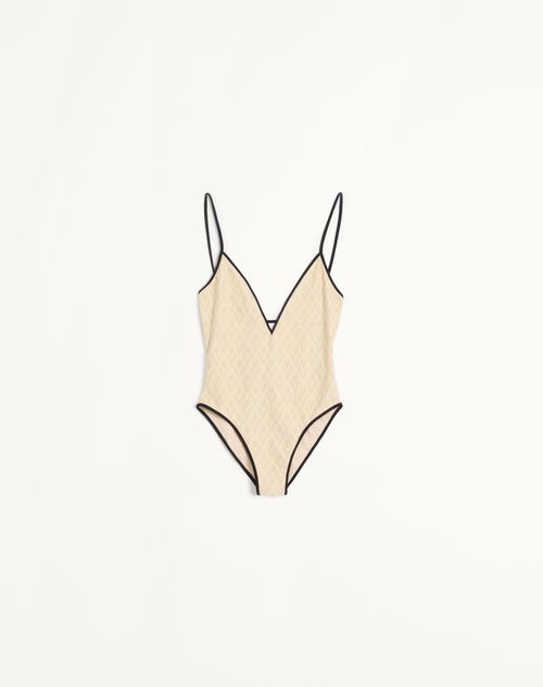Valentino Toute La V Jacquard Swimsuit In Birch/ivory