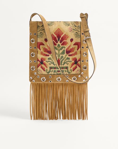 Valentino Garavani - Valentino Garavani Nellcôte Shoulder Bag In Jacquard Fabric With Fringes - Havana Beige/multicolor - Man - Shoulder Bags
