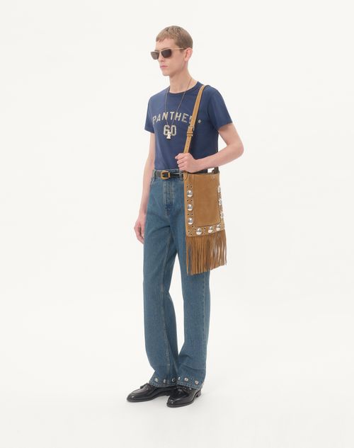 Valentino Garavani - Valentino Garavani Nellcôte Suede Shoulder Bag With Fringes - Havana Beige - Man - Shoulder Bags