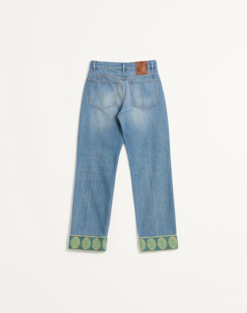 Valentino - Pantalon En Denim Avec Bordures Jacquard - Bleu - Femme - Denim