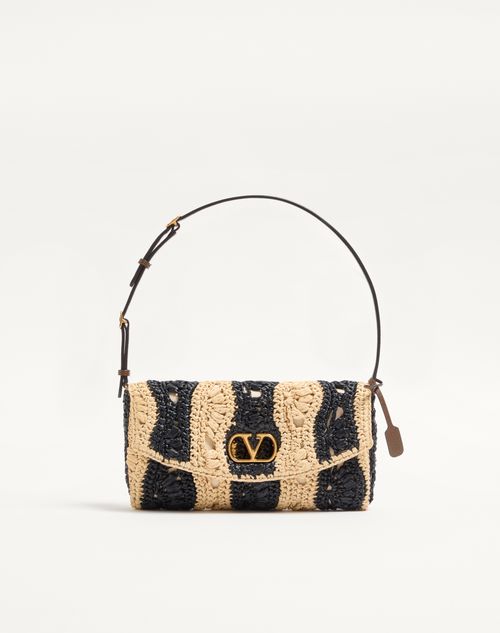 Valentino Garavani - Valentino Garavani Devain Small Shoulder Bag In Raffia With Wave Pattern - Natural/black - Woman - Shoulder Bags