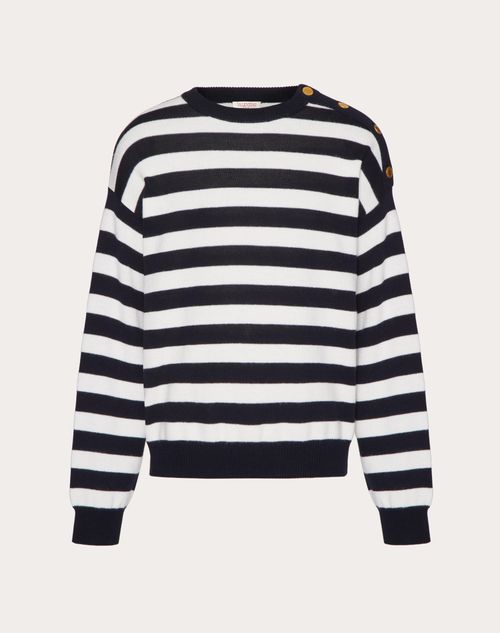 Shop Valentino Wool And Cotton Crewneck Jumper In Ivory/navy