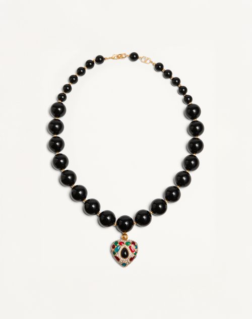 Valentino Garavani Coeur Royal Necklace In Metal, Resin, Enamel And Swarovski Crystals Woman Antique Brass/red/black/crystal Onesize