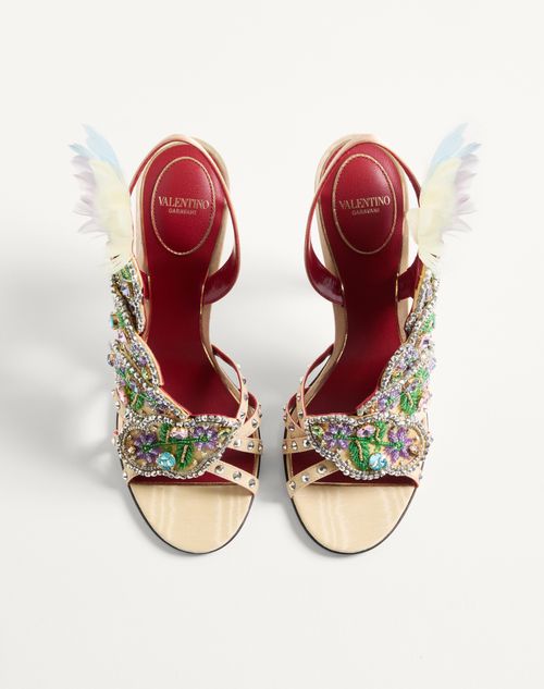 Valentino Garavani - Dans Le Foyer Sandal In Moiré Fabric With Floral Embroidery And Feathers 105mm - Multicolor - Woman - Sandals