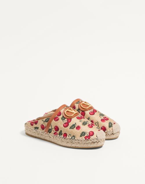 Valentino Garavani - Mule Vlogo Signature In Rafia Jacquard Con Motivo Cherryfic 25mm - Naturale/rosso - Donna - Espadrillas E Zeppe