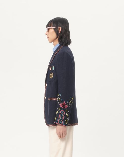 Valentino - Single-breasted Linen Jacket With Beaded Embroidery And Patches - Blue - Man - Coats And Blazers