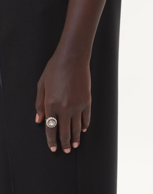 Valentino Garavani - Vlogo Signature Ring In Metal, Enamel And Crystals - Gold/black/crystal - Woman - Jewellery