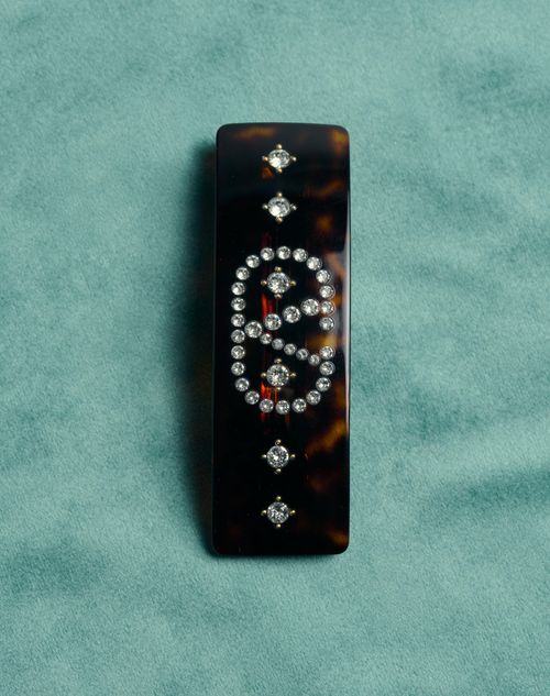 Valentino Garavani - Vlogo Signature Hair Clip In Resin, Metal And Crystals - Tartaruga/gold/crystal - Woman - Hair Accessories