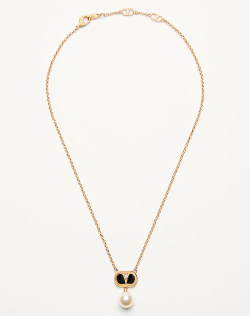 Valentino Garavani Ovalette Metal Necklace With Enamel Crystal And Swarovski® Pearl Woman Gold/black In Gold/black/crystal/cream