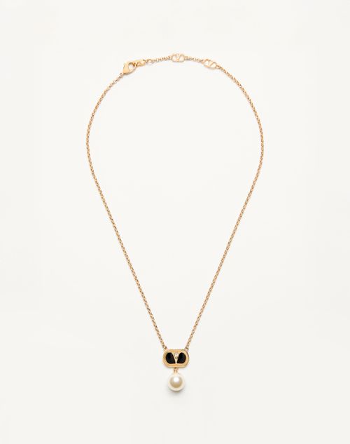 Valentino Garavani Ovalette Metal Necklace With Enamel Crystal And Swarovski® Pearl Woman Gold/black In Gold/black/crystal/cream