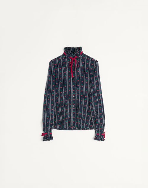 Valentino - Crepe De Chine Shirt With Cherryfic Print - Navy/cherry Red - Woman - Shirts And Tops