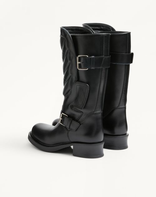Valentino Garavani - Rayons Biker Boot In Calfskin And Nappa Leather With Chevron Pattern 40mm - Black - Woman - Boots And Ankle Boots