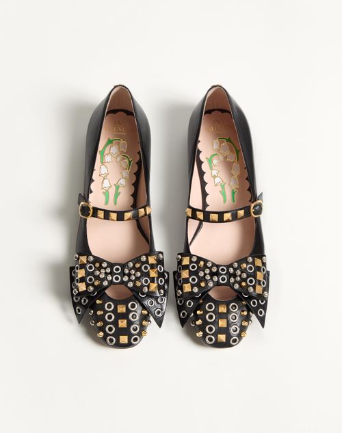 Valentino Garavani - Mary-jane Bowow Ballerina In Kidskin With Studs - Black - Woman - Ballerinas