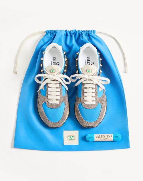 Valentino Garavani - Stud Up Sneaker In Split Leather And Nylon With Butterfly Embroidery - Azure/multicolour - Man - Sneakers