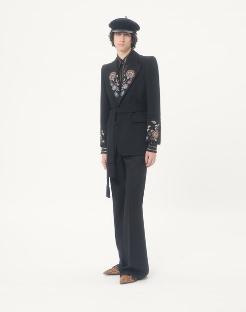 Valentino - Valentino Embroidered Belted Jacket In Grain De Poudre Wool - Black - Man - Coats And Blazers