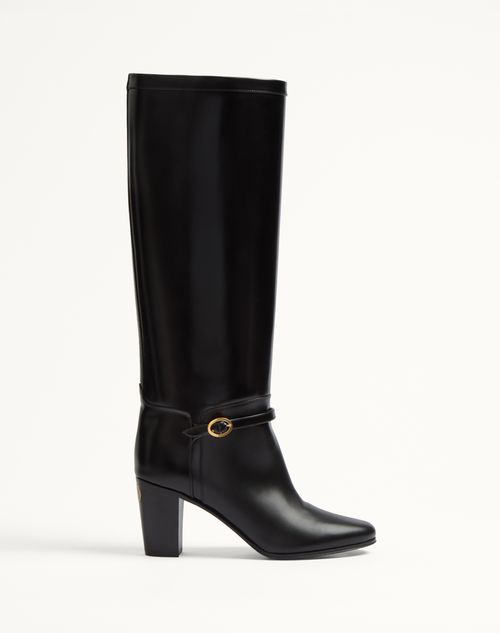 Valentino Leather Vlogo Knee-high Boots 75 In Black